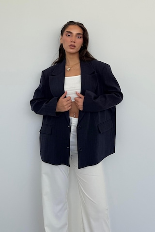 Madmext Lacivert Keten Blazer Kadın Ceket Mg2443 Lacivert