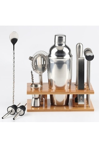 Pazly Bambu Montajlı 14'lu Paslanmaz Çelik Kokteyl Çalkalayıcı Seti 750ml, Gıda İçin Uygun, Mutfak Tasarrufu