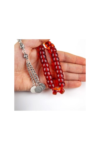 Osmanlı Ateş Kehribar 1900'ler Dönem İşi 925 Ayar Gümüş Püskül Fıçı Kesim 14x8mm Tesbih Kırmızı