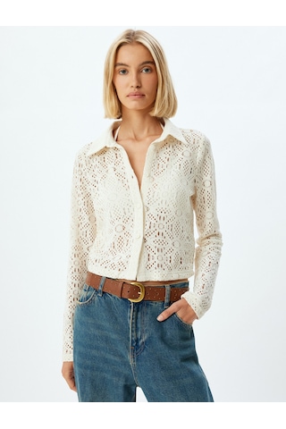 Koton Crop Kroşe Gömlek Ajurlu Uzun Kollu Slim Fit Ekru 5wak60015ek