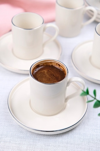 Tabak Evi Porselen Platin Kahve Fincan Takımı Kelebek 90cc 6 Kişilik 12 Parça Beyaz - Altın