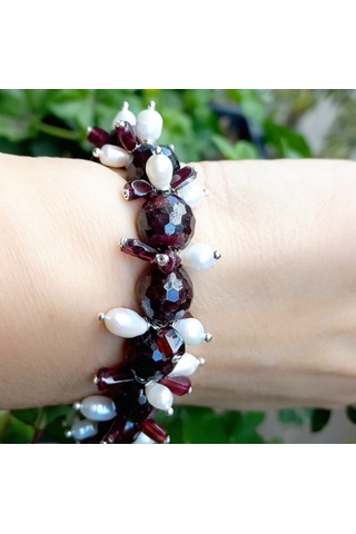 Sibelce 2687 Garnet Doğal İnci Zirkon El Yapımı Bileklik Bordo