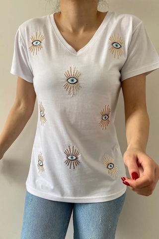 Cassime Kadın Beyaz V Yaka Göz Pul Ve Nakış Işlemeli Tişört S-m-l-xl-2xl-3xl
