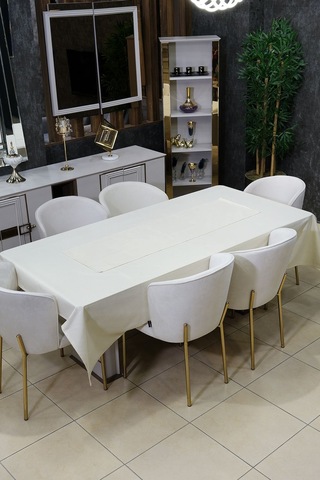 Dream 8 Parça Masa Örtüsü Seti Çeyiz Seti Salon Masa Örtüsü, Runner, 6'lı Peçete Bej