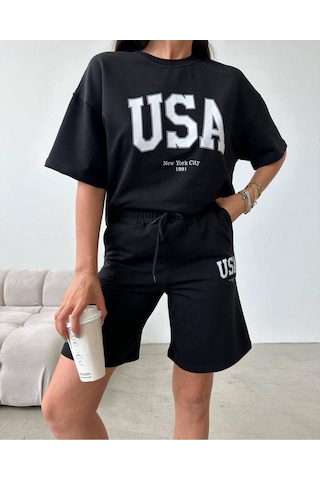 Usa T-shirt Şort - Alt Üst Takım Şort Tişört Kombin Baskılı Bisiklet Yaka Siyah