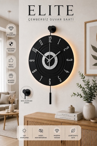 MetaQuartz Aksesuar Full Siyah - Gümüş Rakam - Kardelen 7-24 Kablosuz Pilli Led Modern Dekoratif Duvar Saati
