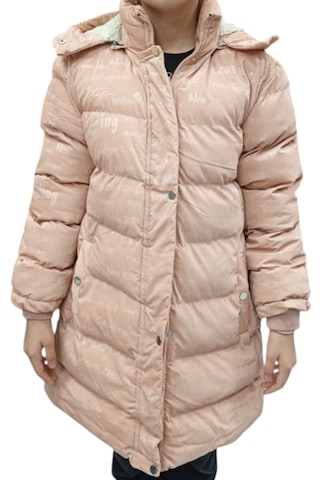 Kız Çocuk Yazı Desenli Kapüşonu Çıkabilen İçi Peluş Astarlı Pudra Renk Midi Boy Mont Pudra