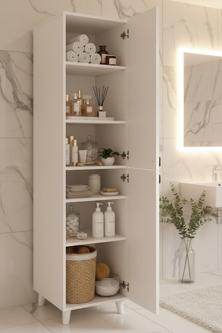 Bari Çok Amaçlı Depolama Dolabı Banyo Dolabı Erzak Dolabı Mutfak Organizeri Kapaklı Raflı Dolap Beyaz
