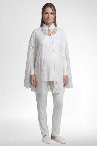Mecit Pijama Mecit 6402 Kadın Elegant Ekru Dantel Pelerin Lohusa Pijama Takımı