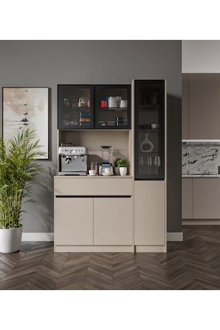 Viona Kum Beji Midi Sağ Vitrinli Komple Mdf Led Aydınlatmalı Kahve Köşesi Bej