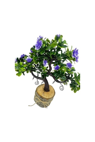 Yapay Çiçek Mor Çiçekli Bonsai Ağacı Dekoratif Kütük Saksıda Yapay Ağaç Bonzai Losus Çiçekli