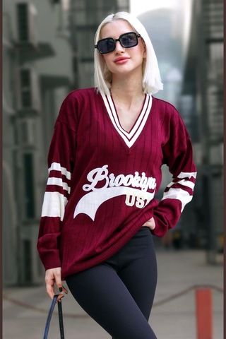 Madmext Bordo V Yaka Nakışlı Kadın Kazak Mg1279-bordo Bordo