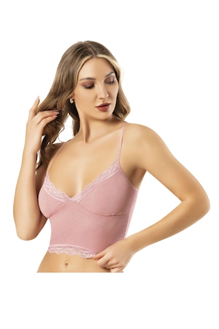 Lusistore Crop Bluz Takım Askılı Dantelli Pedli Büstiyer Bralet %95 Pamuk Ten