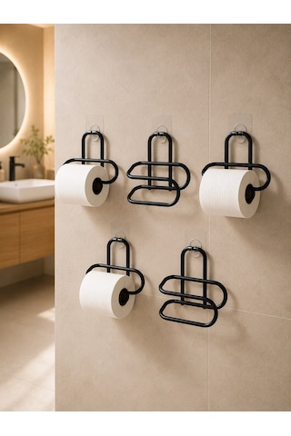 Siyah Metal Tuvalet Kağıdı Tutucu 5 Li Set Yapışkanlı Duvar Tipi Banyo Wc Askısı Çok Renkli