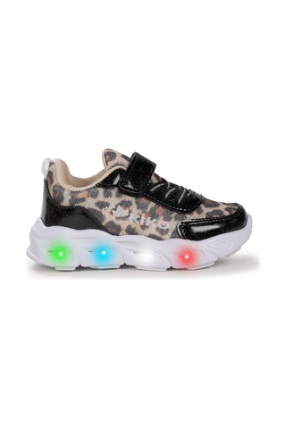 Kiko Kids Teno Leopar Desenli Cırtlı Işıklı Kız Bebek Spor Ayakkabı Siyah Siyah
