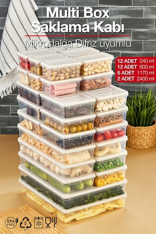 Multi Box 32 Parça 4 Farklı Boy Saklama Kabı Seti - Dondurucu & Mikrodalga Uyumlu Krem