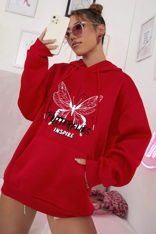 Modagen Kırmızı Kelebek Baskılı Oversıze Kapüşonlu Sweatshırt Kırmızı