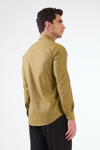 Dufy Koyu Sarı Erkek Slim Fit Düz Brent Düğmeli Yaka Uzun Kol Gömlek - 102489 Koyu Sarı
