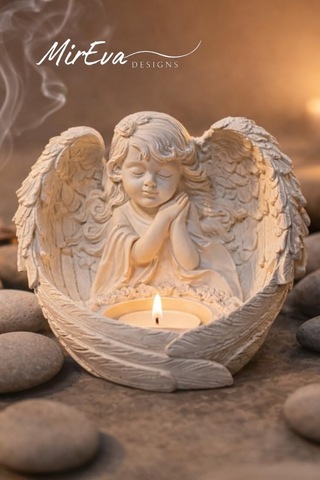 Melek Figürlü Dilek Tutan Tealight Mumluk, Taş Döküm, 13x15 Cm, Dekoratif Anma Ve Hediye Dekoru İçin Çok Renkli