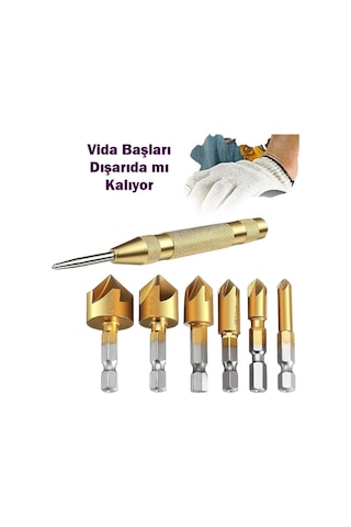 6 Parça Havşa Matkap Ucu Seti + Otomatik Punta Ahşap Mdf Metal Pah Kırma Havşa Açma Seti