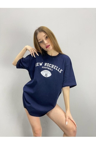 Flood Of Style Lacivert Rochelle Baskılı Oversize Bisiklet Yaka Tshirt