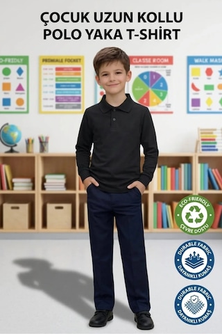Erdem Kıds Unisex Kız Erkek Çocuk Polo Yaka Pamuklu Uzun Kol Siyah Günlük Basic Okul Tişört