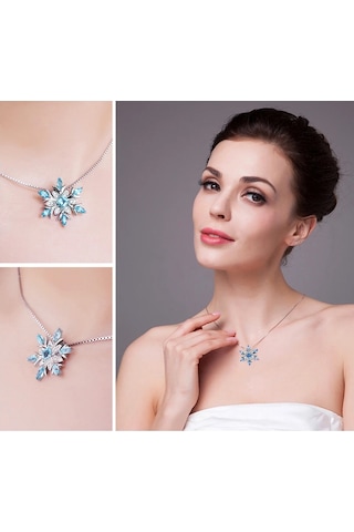 Brezza Lusso Jewelry  Aquamarin Taşlı Özel Tasarım Kar Tanesi Kadın Gümüş Kolye 45 CM 45 CM