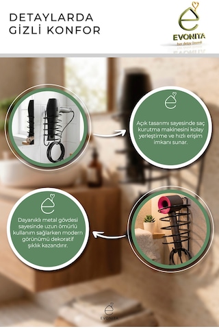 Yapışkanlı Saç Kurutma Makinesi Askısı Mat Siyah Metal Fönlük Delmeden Montaj Banyo Organizer