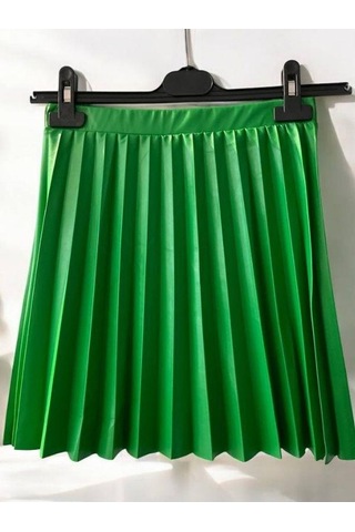 Kız Çocuk Beli Lastikli Pileli Deri Etek-14412 Yeşil