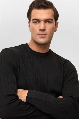 Siyah Regular Desenli Bisiklet Yaka Triko Siyah