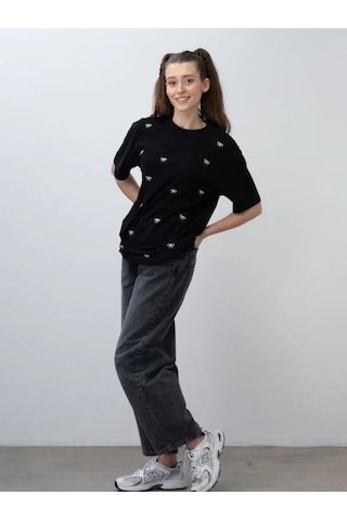 Zekids Kız Çocuk Fiyonk Nakışlı Oversize Tshirt-15536 Siyah Beyaz