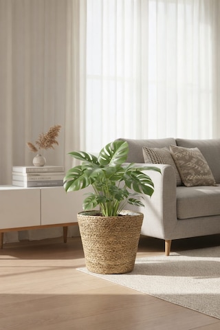 Dekorasyaa Yuvarlak Hasır Saksı Seti - Korumalı - Ev Dekorasyon - 24x21cm Büyük