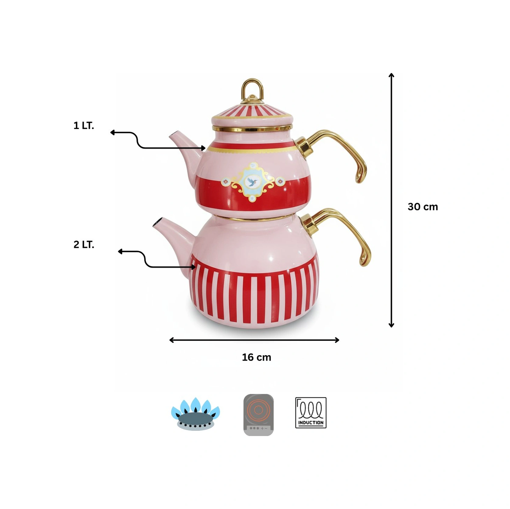 Bird Studio Pembe Renk Emaye Çaydanlık Takımı - 2 Lt. + 1 Lt. Pembe