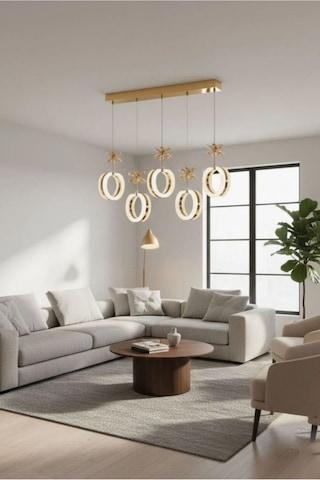 Zerafet 5 Li Rose Gold Yemek Masası Üstü 3 Renk Ledli Modern Sarkıt Led Avize Altın