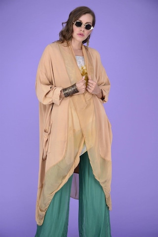 Italyan Ipek Detaylı Oversize Kaftan & Bluz-8711 Açık Camel