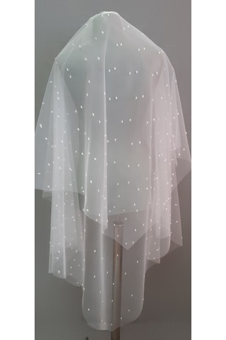 Suzanna Moda Özel Tasarım Oval Sivri Uç İncili Taraklı Kırık Beyaz Gelin Duvağı 1.25 M & 85 Cm Çift Kat