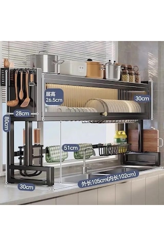 Valkyrie Evye Üstü Bulaşık Kurutmalık 105x30x80 Cm Çok Amaçlı Mutfak Organizer Raf Siyah