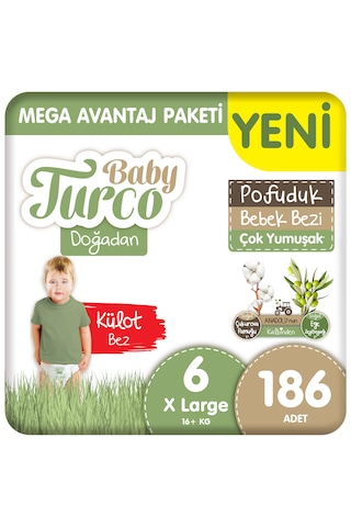 Baby Turco Doğadan Mega Avantaj Paketi Pofuduk Külot Bez 6 Numara Xlarge 186 Adet