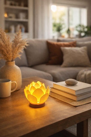 Lotus Çiçeği Tasarımlı Dekoratif Obje Pilli Mum İle Kullanım Ev Dekorasyonu Hediye Alternatifi Kahve Beyaz