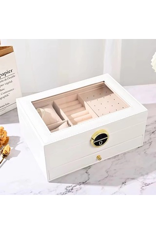 Dışı Deri İçi Kadife Kilitli Çekmeceli Takı Bijuteri Mücevher Kutusu Organizer Düzenleyici Beyaz İth
