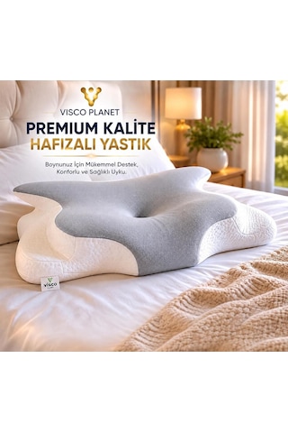 Visco Planet Ortopedik Visco Boyun Yastığı Memory Foam Boyun Destekli Ergonomik Uyku Yastığı 62x42x13/10 Cm Genel