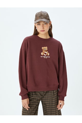 Koton Ayı İşlemeli Sloganlı Bisiklet Yaka Şardonlu Oversize Sweatshirt Bordo 5wal10817ık Bordo