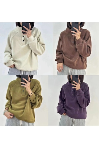 Snapbuy Düğmeli Polar Kadın Sweatshirt Krem