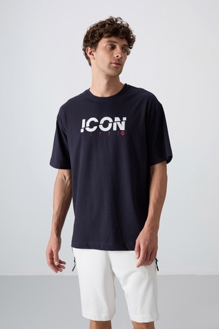Tommy Life Lacivert Pamuklu Kalın Yumuşak Dokulu Oversize Fit Baskılı Erkek T-shirt - 88331 Lacivert