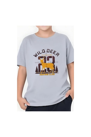 Panios Kids Hunting Club Baskılı Erkek Çocuk Yuvarlak Yaka Kısa Kollu T-shirt Gri