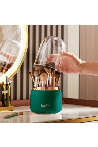 Masaüstü Makyaj Fırçası Ve Kozmetik Düzenleme Kutusu Organizer Bölmeli Dönebilen Yeşil