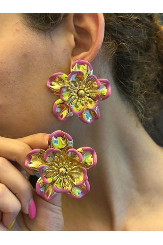 Çelik Renkli Çiçekli Kadın Küpe Pembe