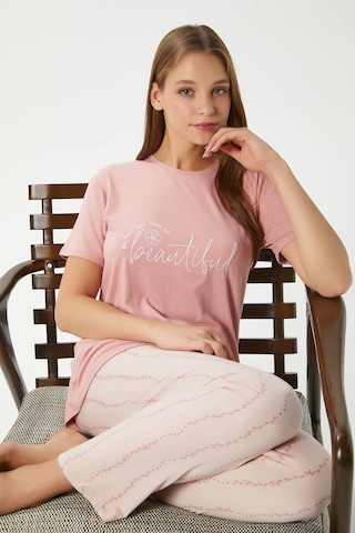 Ritnice Kadın Beautiful Yumuşak Doku Pudra Bisiklet Yaka Kısa Kollu Alt Üst Pijama Takımı Pudra