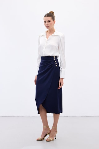 Sateen Düğme Detaylı Kalem Etek - Lacivert-136779 Lacivert