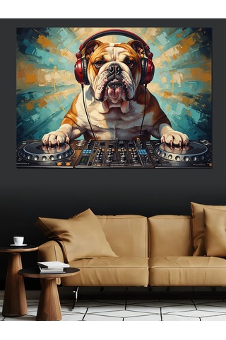 Dj Seti Başında Kulaklıklı Bulldog Dekoratif Kanvas - Mdf Ahşap Tablo